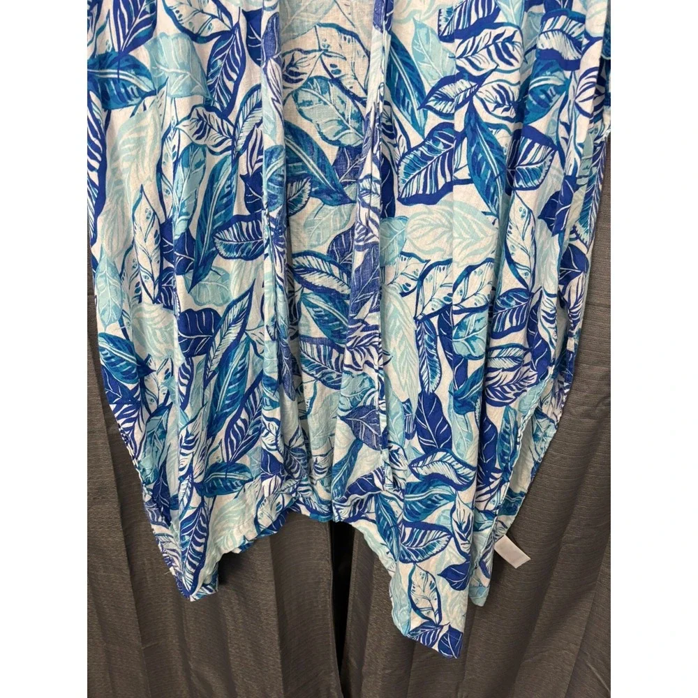 Sigrid Olsen‎ Linen Blend Open Front Long Cardigan Womens OS Blue Floral Beachy